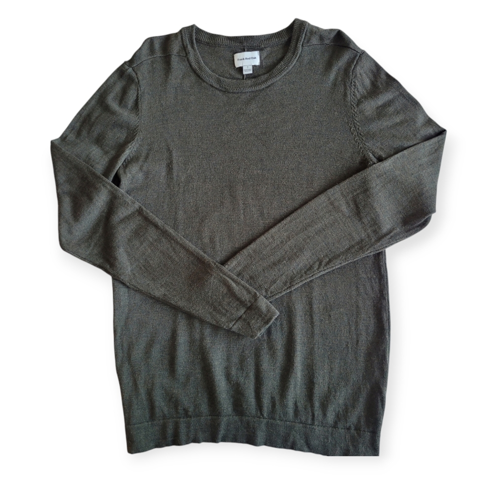 Frank & Oak Men's Merino Crew Neck Sweater in brown olive size small